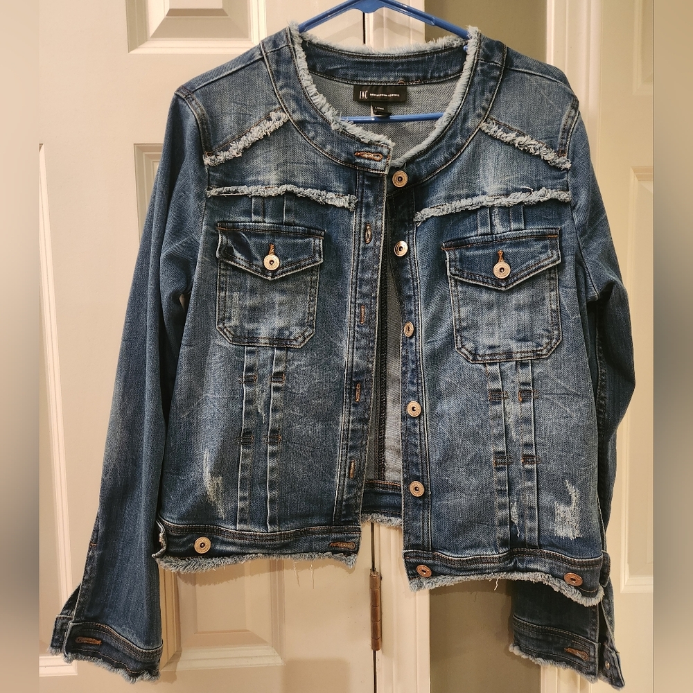 INC International Concepts Distressed Medium Blue Denim Jacket